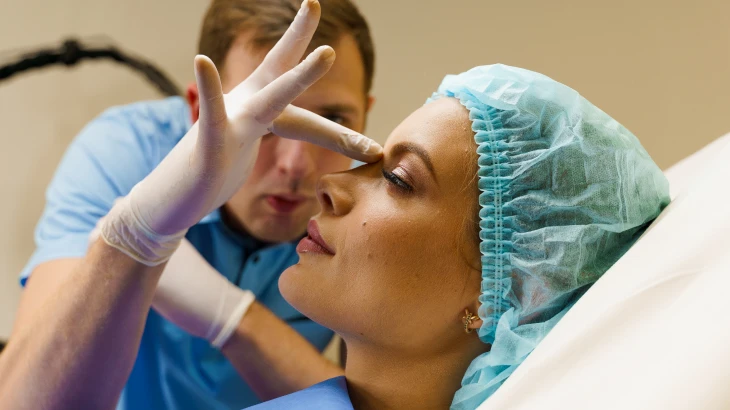 Médico analisando nariz da paciente