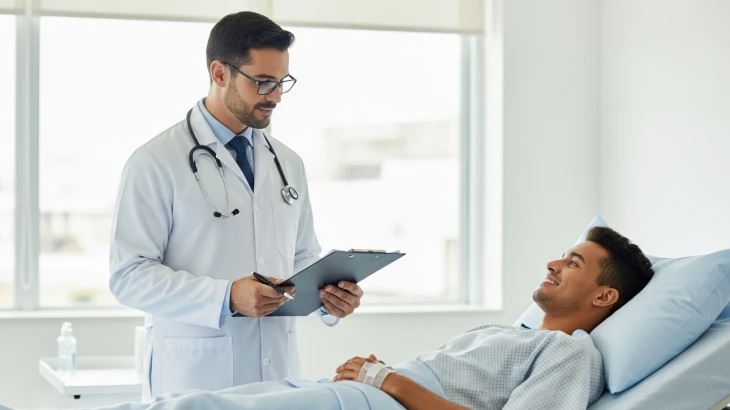 Paciente deitado na maca conversando com médico